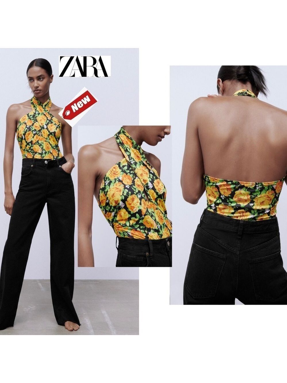 Zara black yellow rose floral flower halter CROSS NECK BODYSUIT Sz L NWT